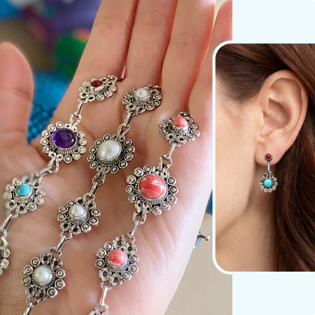 Decorative Taxco silver bracelets with colorful femstones held in hand, and close-up of earrings worn.