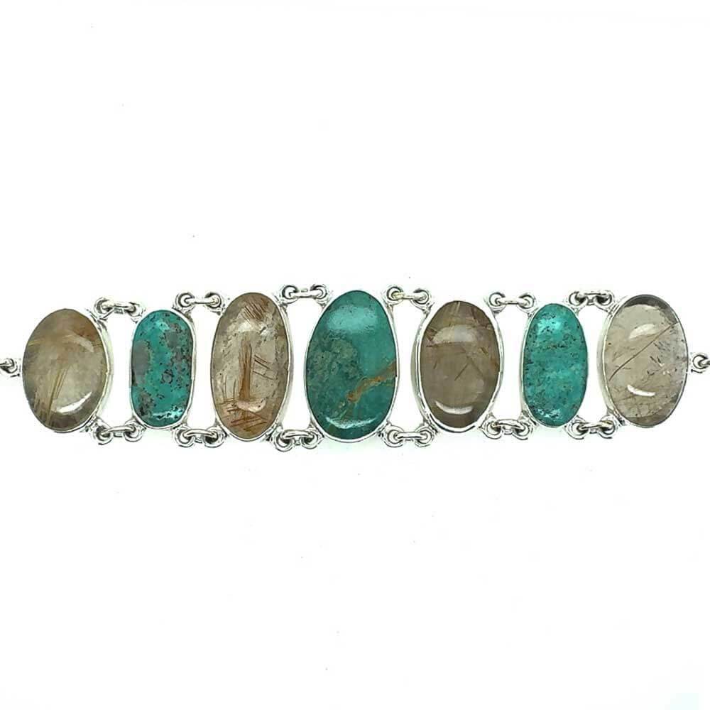 Genuine-Turquoise-and-Rutilated-Quartz-950-Silver-Bracelet-front-Nueve-Sterling