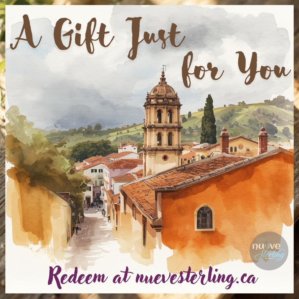 Gift card for Nueve Sterling featuring a watercolor illustration of Taxco, Mexico, with the text ‘A Gift Just for You