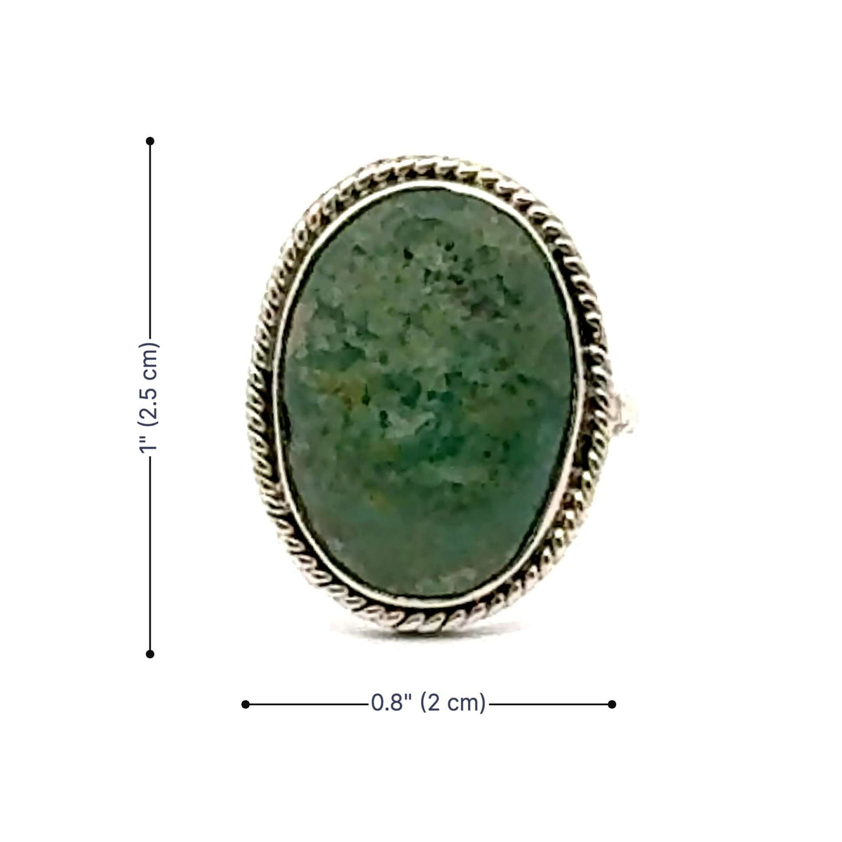 Silver ring with green stone and measurements