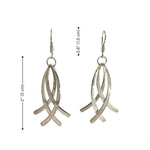 Silver earrings with measurements on a white background