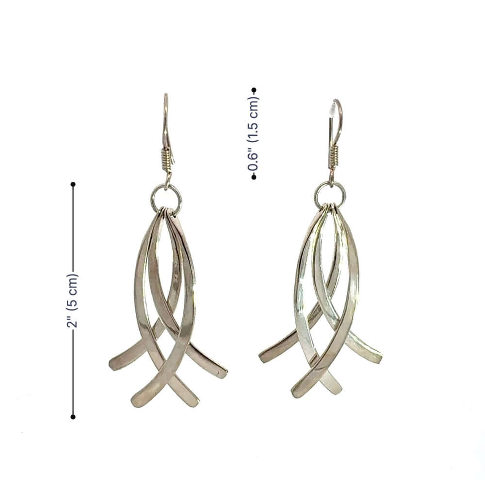 Silver earrings with measurements on a white background