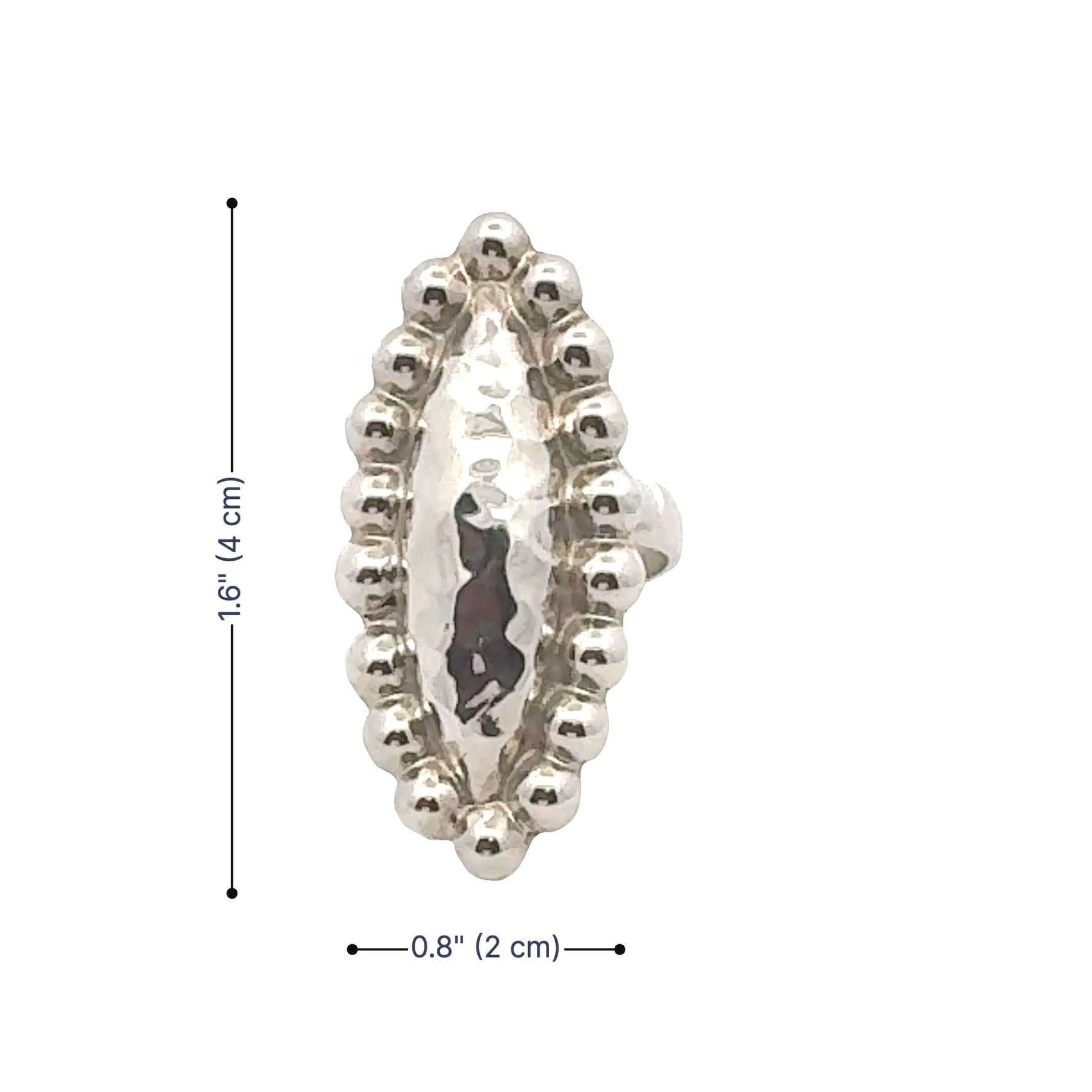 Silver ring with beaded design and measurements on a white background