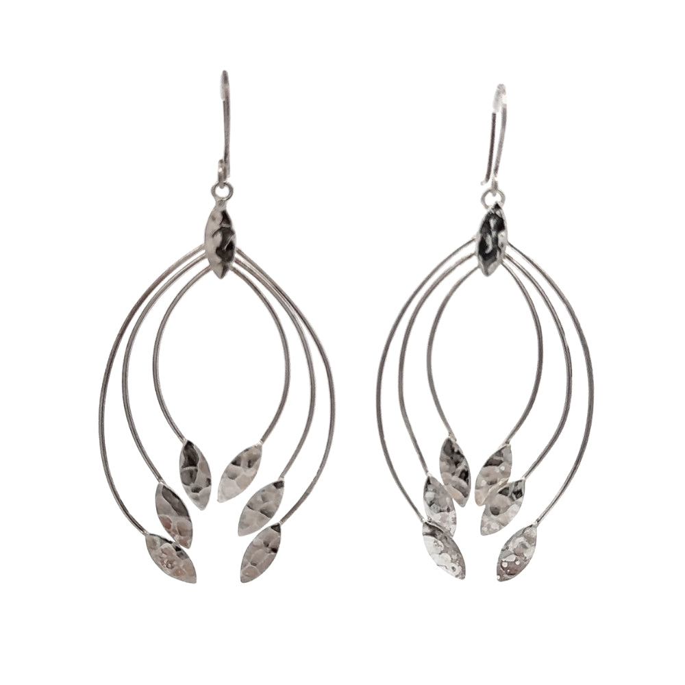 Silver leaf-shaped earrings on a white background