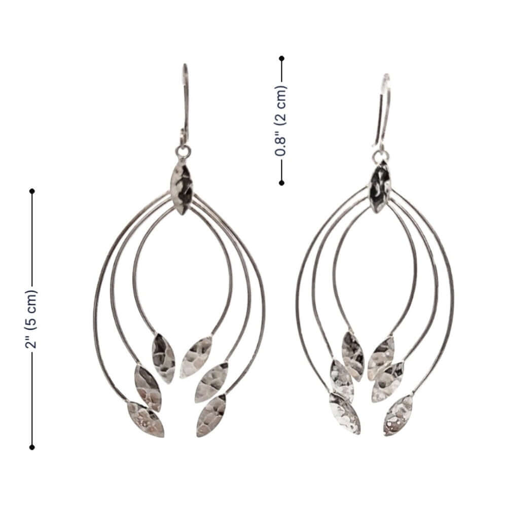 Silver leaf-shaped earrings with measurements on a white background