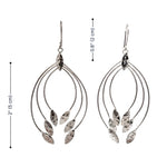 Silver leaf-shaped earrings with measurements on a white background
