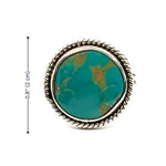 Turquoise stone ring with silver band and measurements on a white background