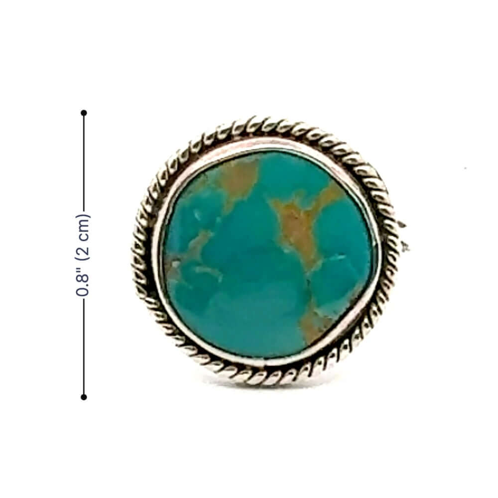 Turquoise stone ring with silver band and measurements on a white background