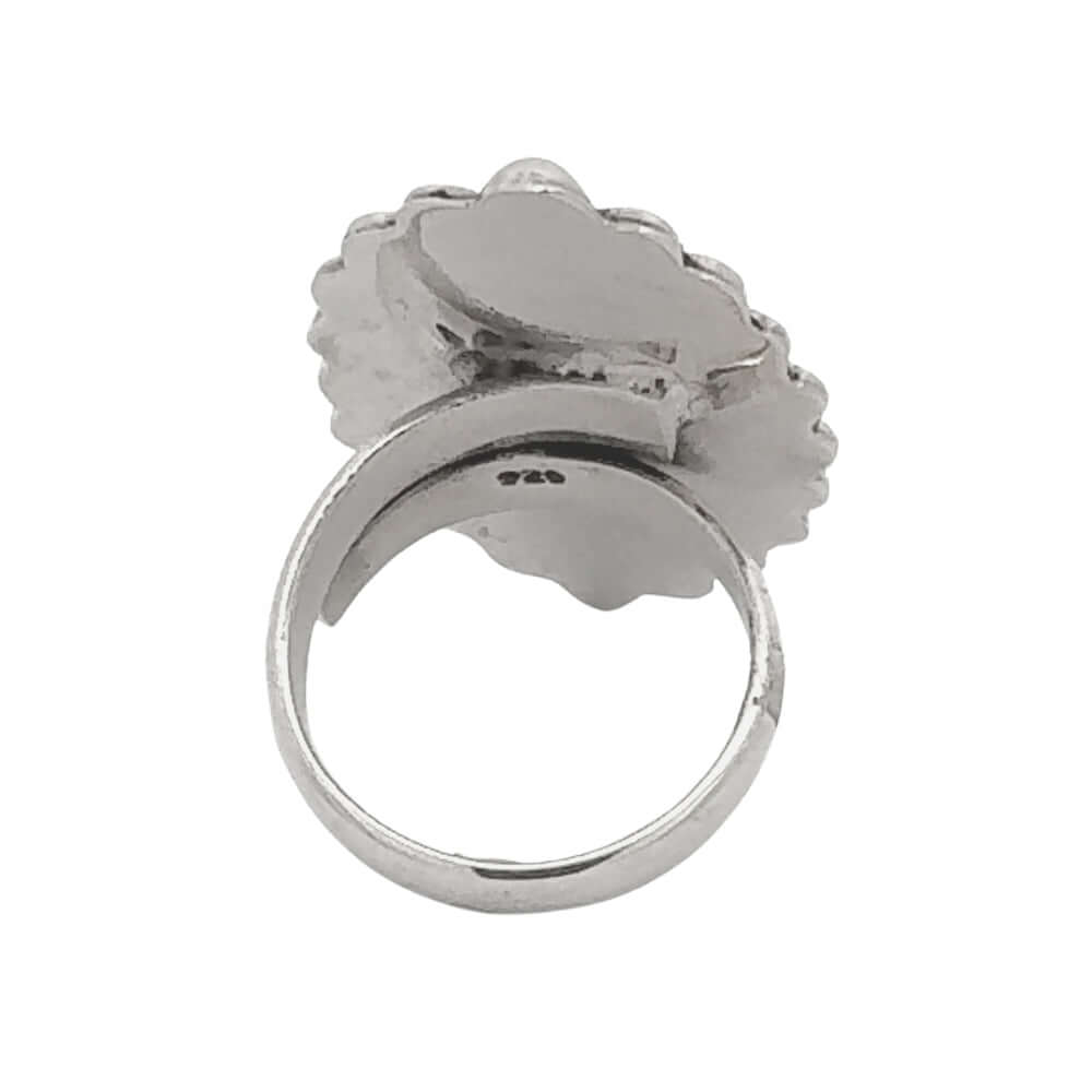 Silver ring with a textured oval shape on a white background. Back side