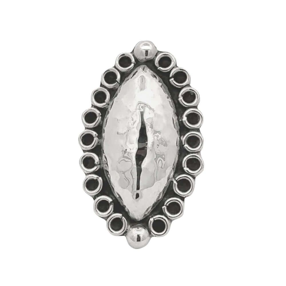 Silver ring with black accents on a white background