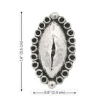 Silver ring with black accents and measurements on a white background