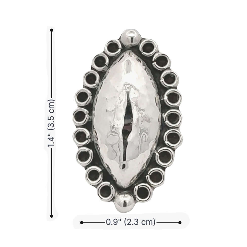 Silver ring with black accents and measurements on a white background