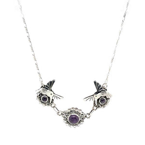 Taxco Silver Necklace with Amethyst and Hummingbirds front Nueve Sterling