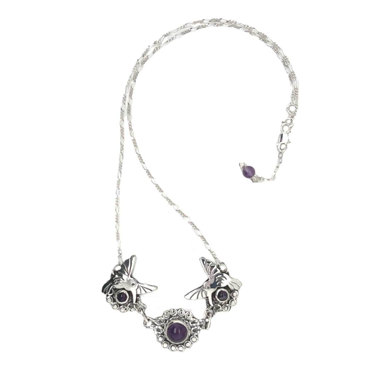 Taxco Silver Necklace with Amethyst and Hummingbirds top Nueve Sterling