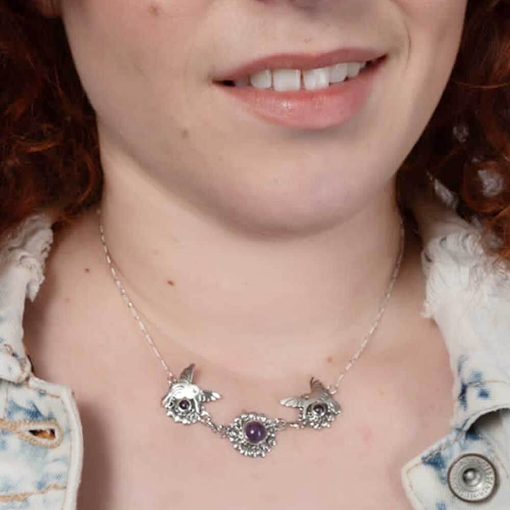 Taxco Silver Necklace with Amethyst and Hummingbirds with model Nueve Sterling