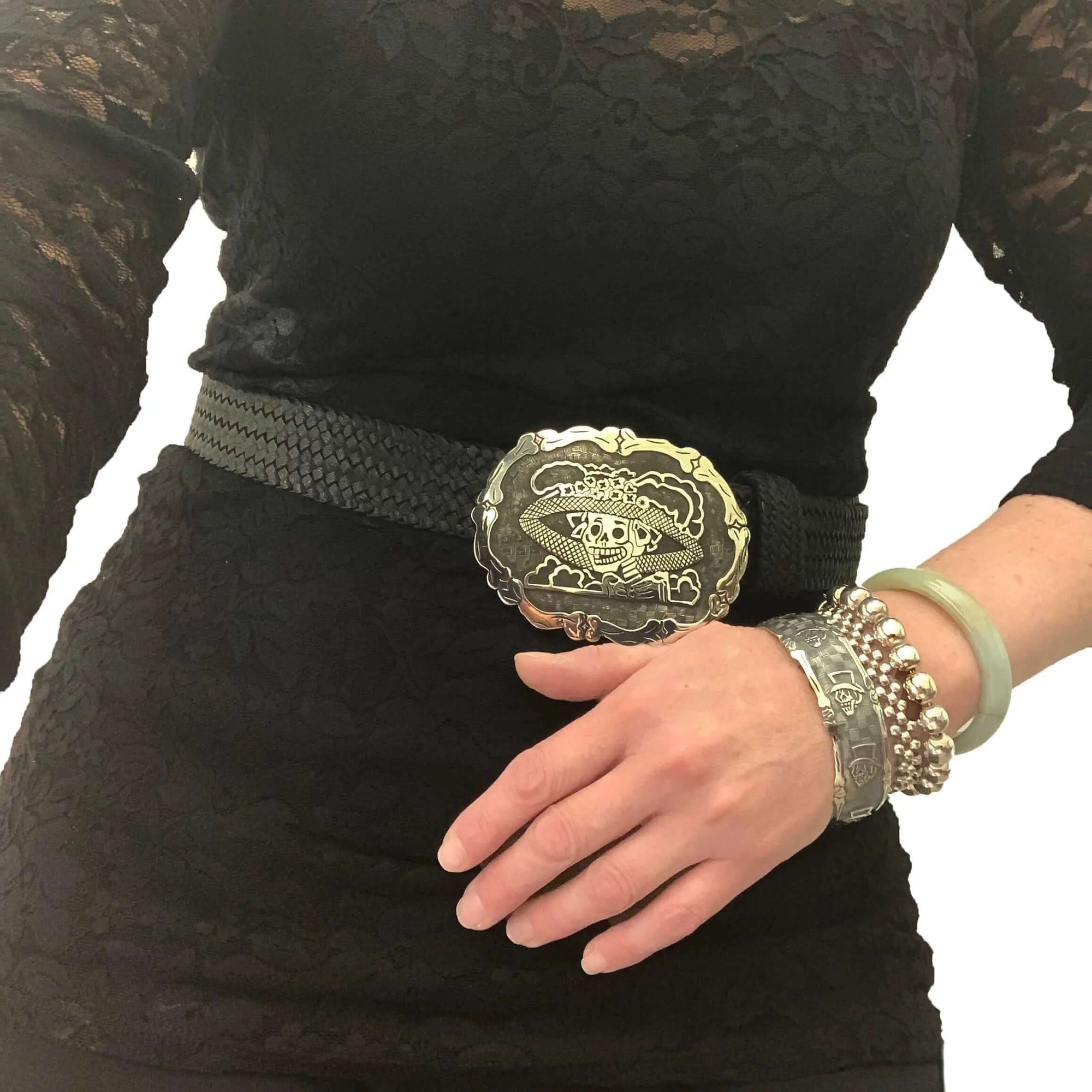La-Catrina-Silver-Buckle-With-Leather-Belt-with-model-Nueve-Sterling