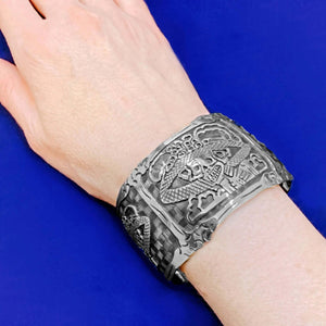 La-Catrina-Silver-Cuff-Bracelet-with-model-Nueve-Sterling