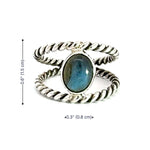 Silver ring with a blue stone and measurements on a white background