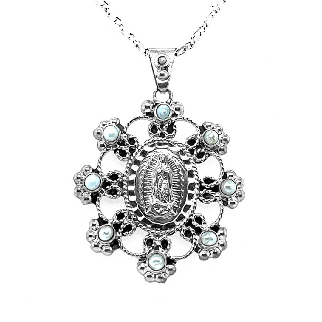 Lady-of-Guadalupe-Silver-Pendand-with-Pearls-front-Nueve-Sterling