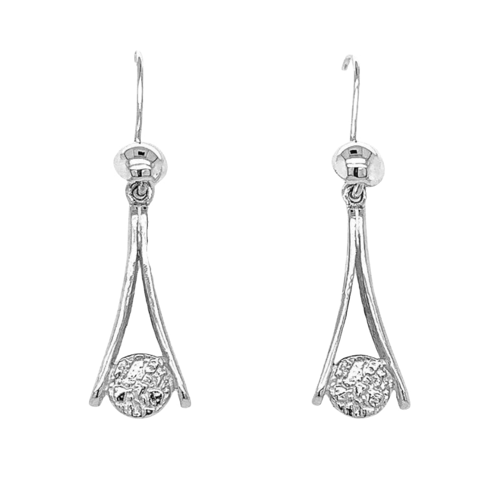 Silver earrings with spherical charms on a white background