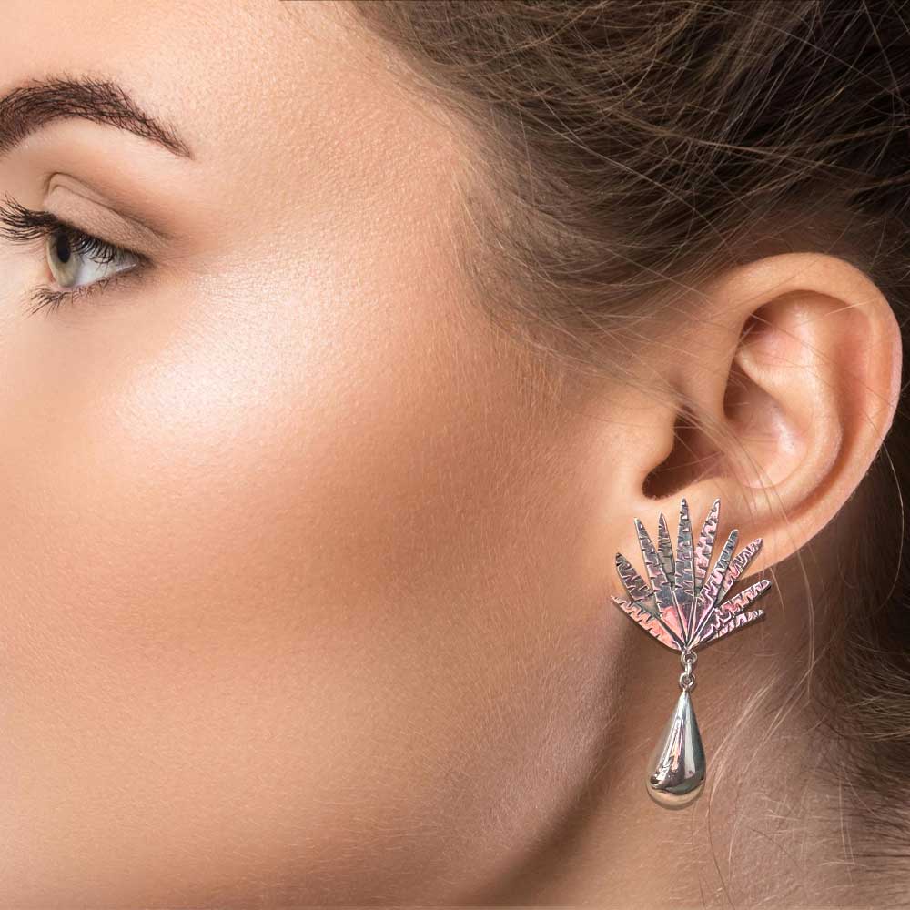 Maguey-Silver-Post-Earrings-with-model-Nueve-Sterling