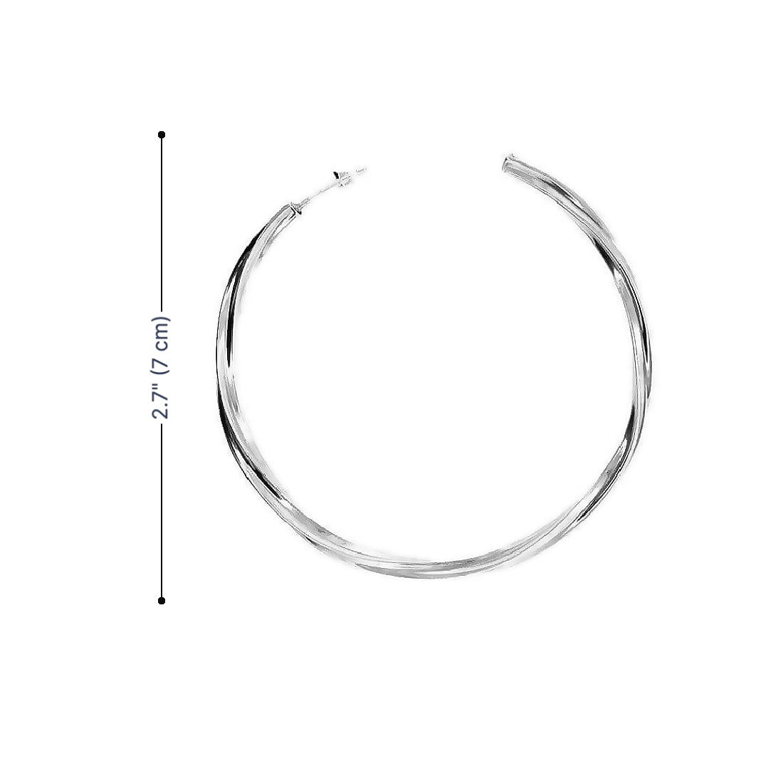 Silver hoop earrings with a measurement label on a white background