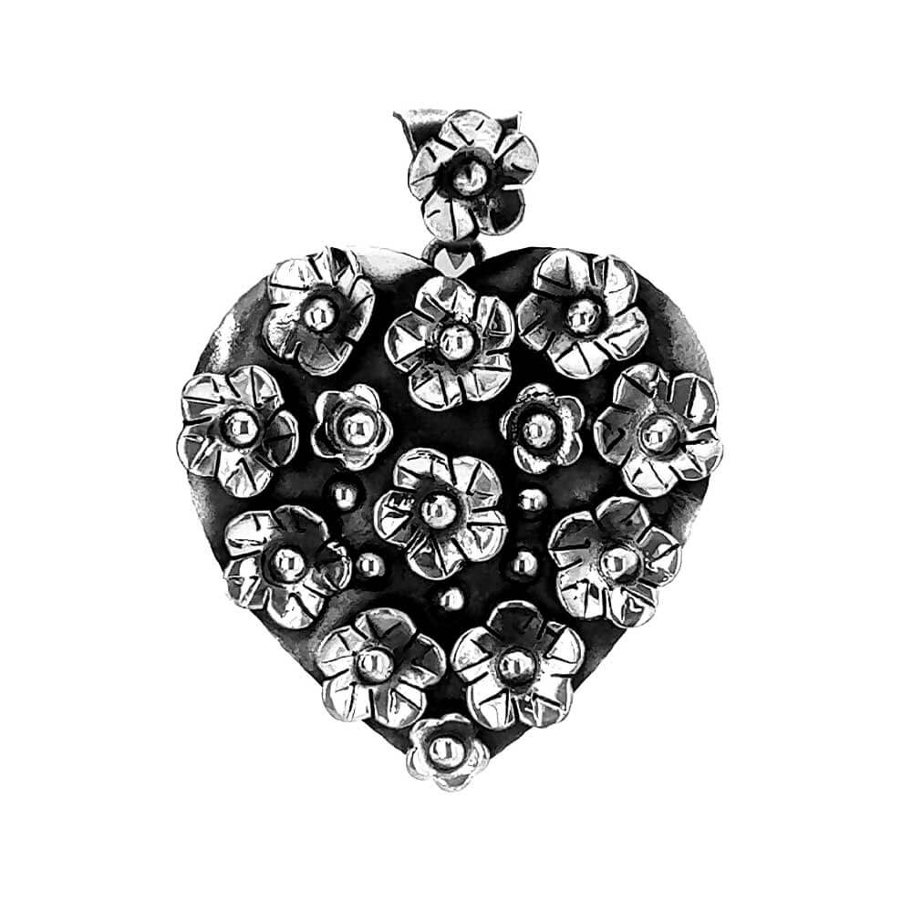 Medium-Heart-with-Flowers-Silver-Pendant-front-Nueve-Sterling