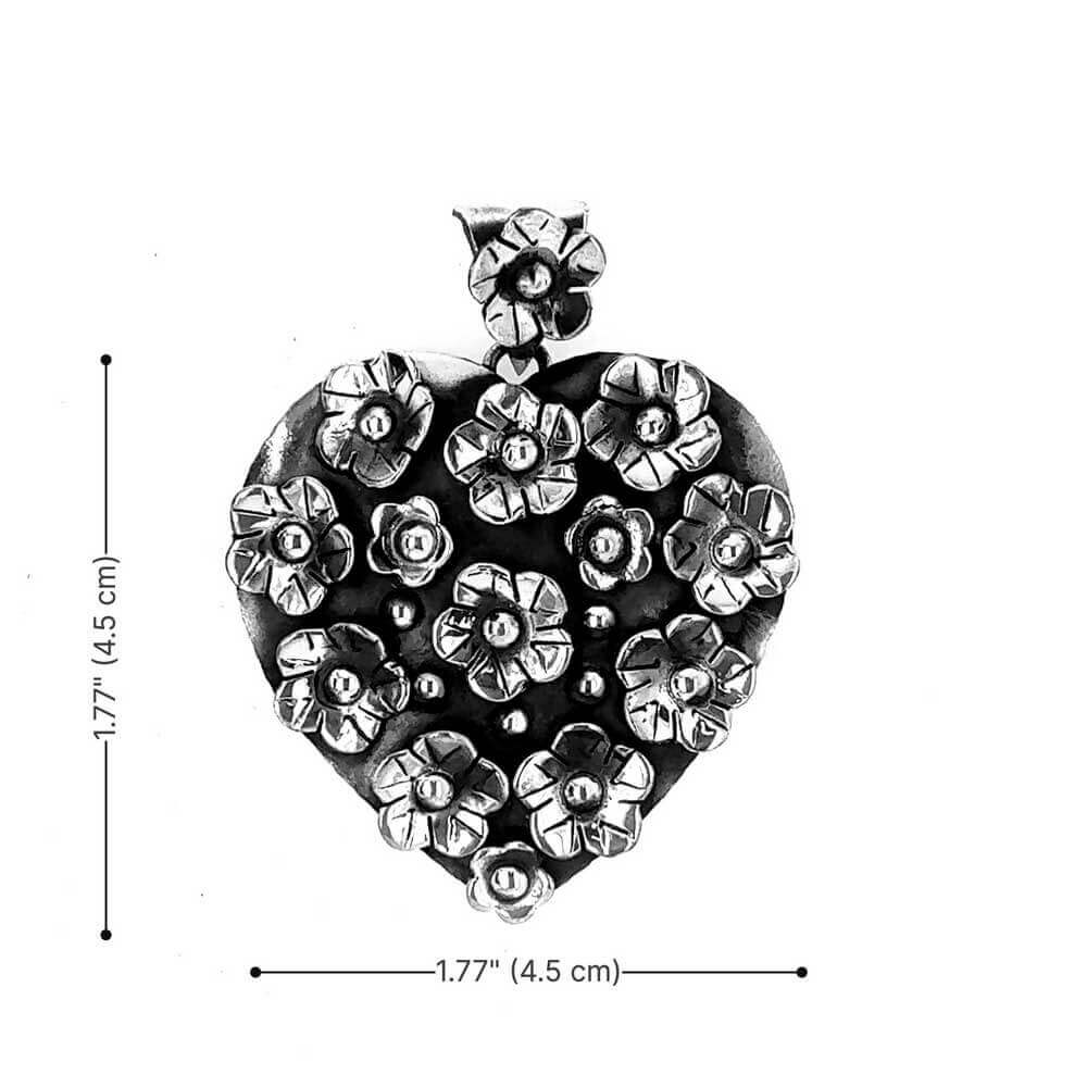 Medium-Heart-with-Flowers-Silver-Pendant-measurements-Nueve-Sterling