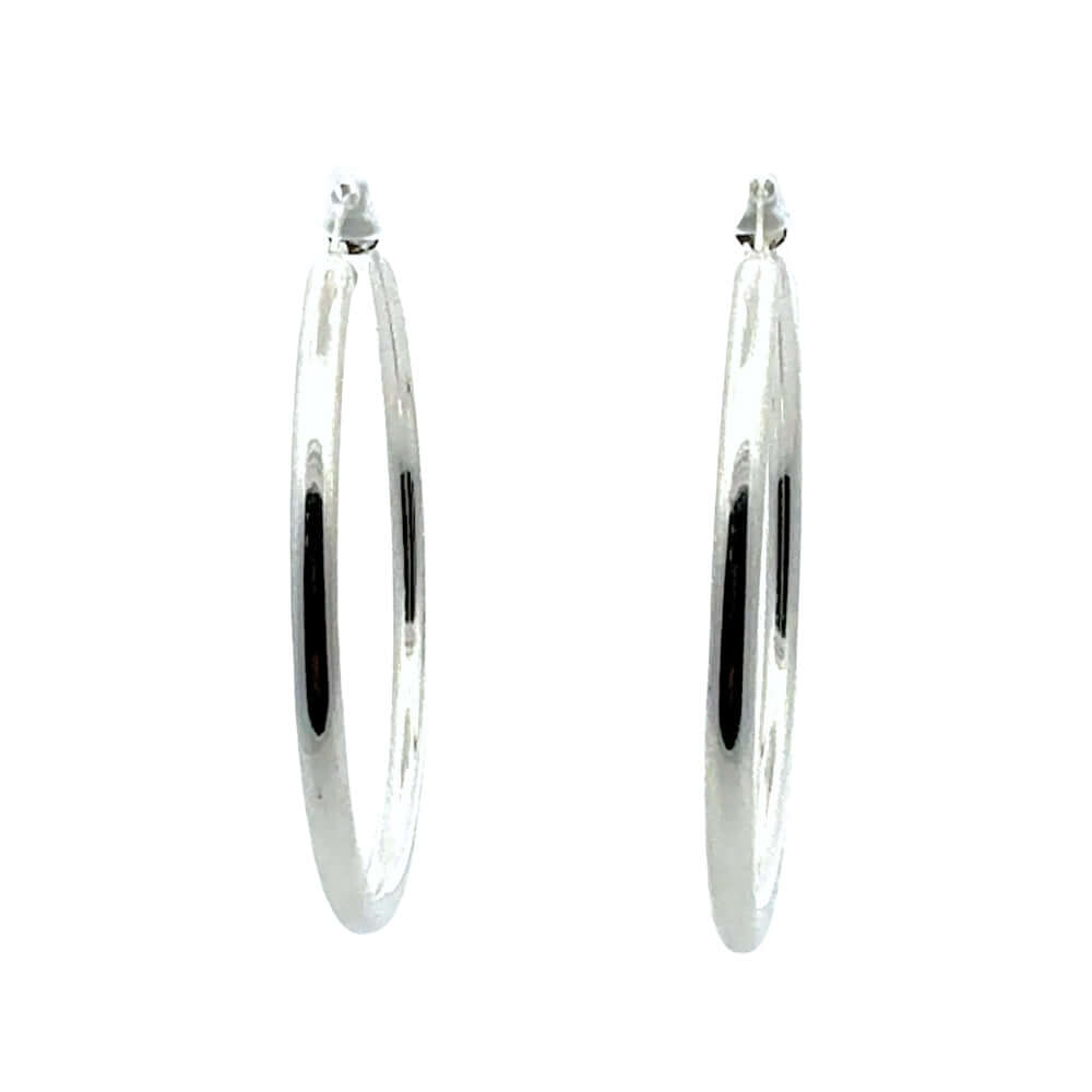 6.5 cm silver hoop earrings on a white background