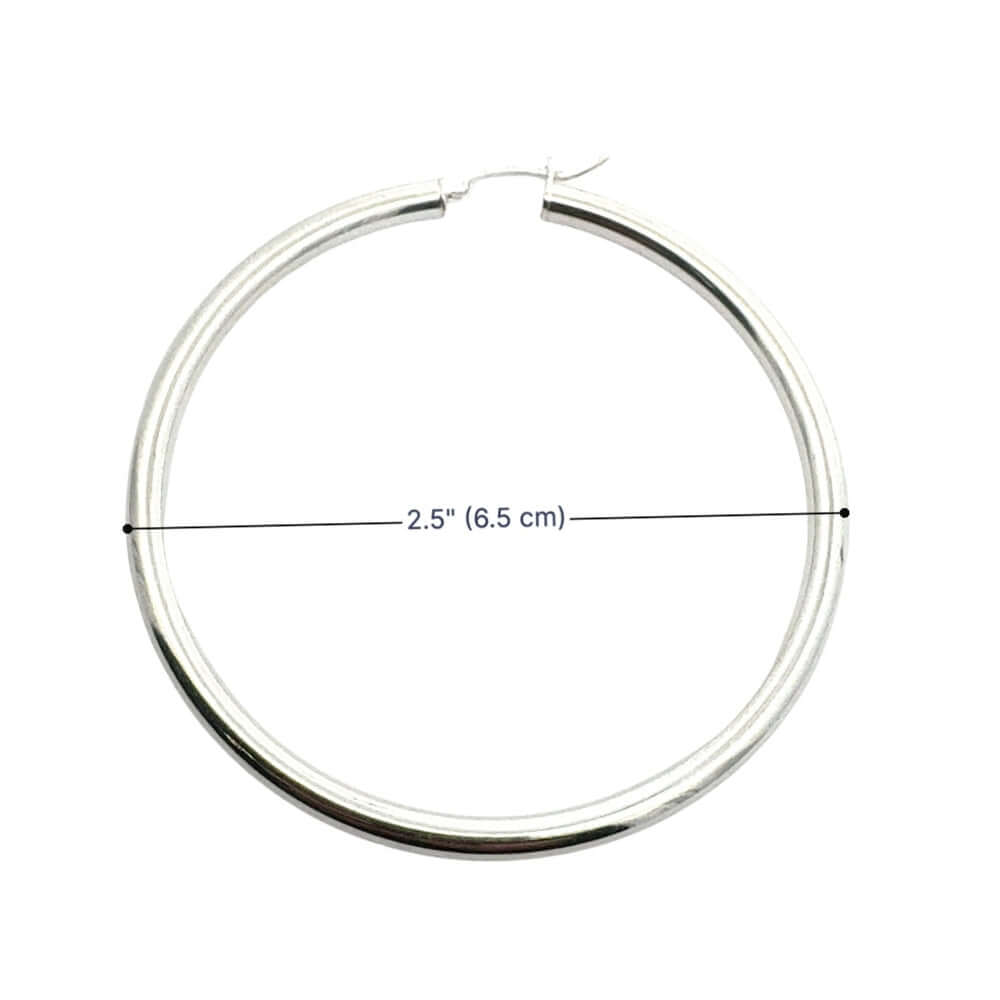 6.5 cm silver hoop earring with measurement label on a white background