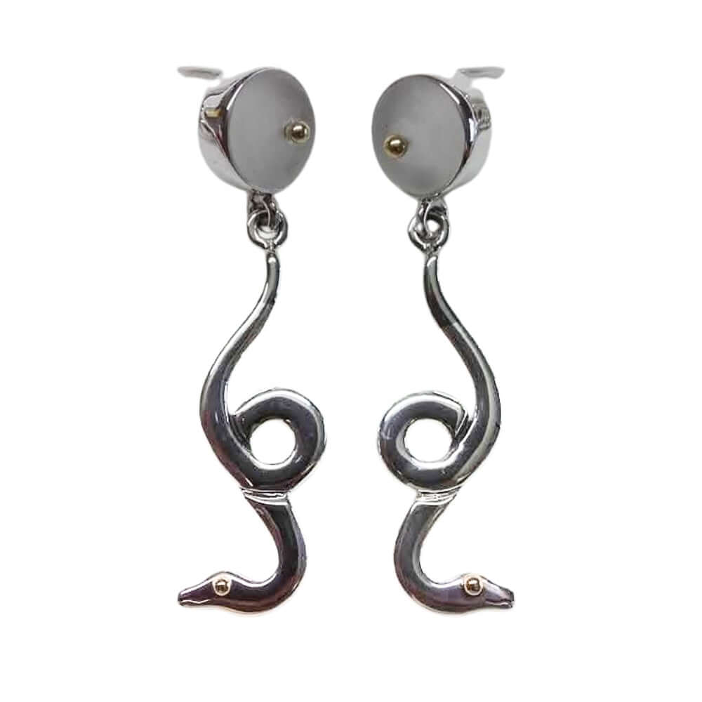 Pair of silver hook-shaped snake earrings on a white background