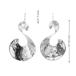 Silver earrings with a textured design on a white background