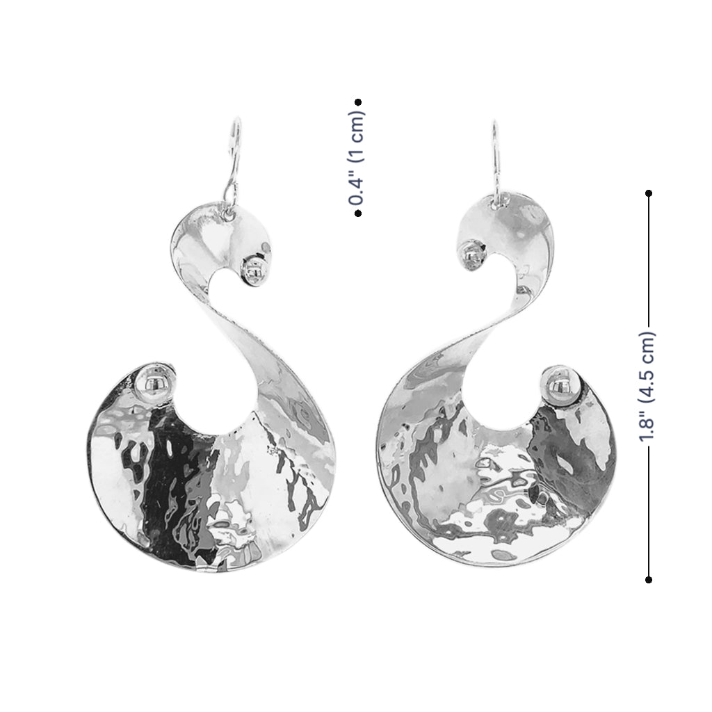 Silver earrings with a textured design on a white background