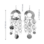 Silver chandelier earrings with chain and round disc design, shown with measurements on a white background.