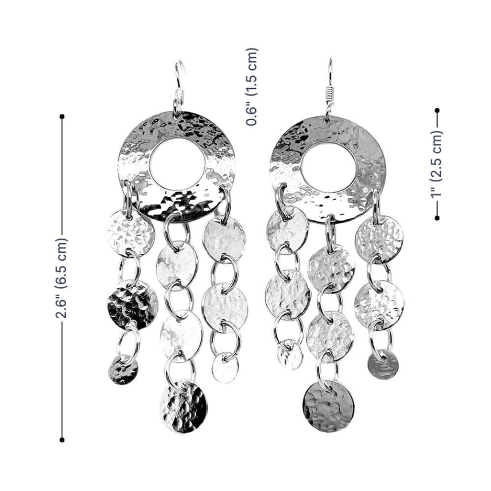Silver chandelier earrings with chain and round disc design, shown with measurements on a white background.