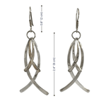 Silver leaf-shaped earrings with measurements on a white background