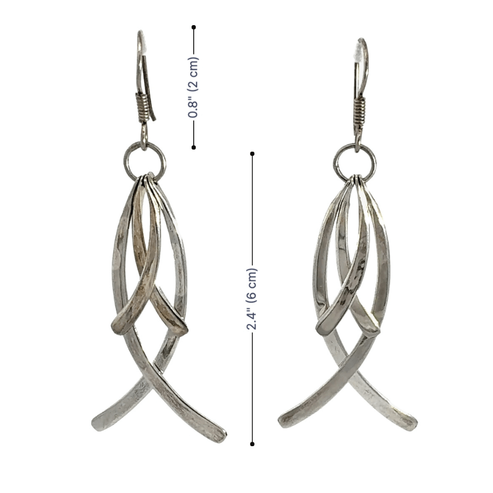 Silver leaf-shaped earrings with measurements on a white background