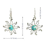 Eclipse earrings with turquoise center and silver frame, shown with measurements on a white background.