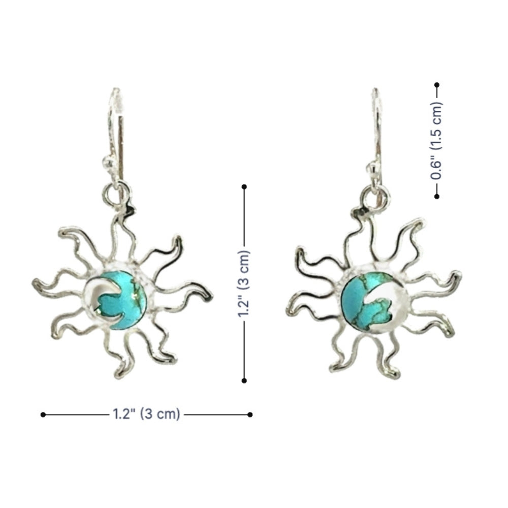 Eclipse earrings with turquoise center and silver frame, shown with measurements on a white background.