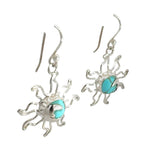 Silver eclipse earrings with turquoise centers on a white background
