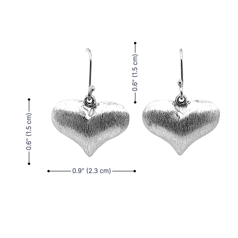 Silver heart-shaped earrings with measurements on a white background