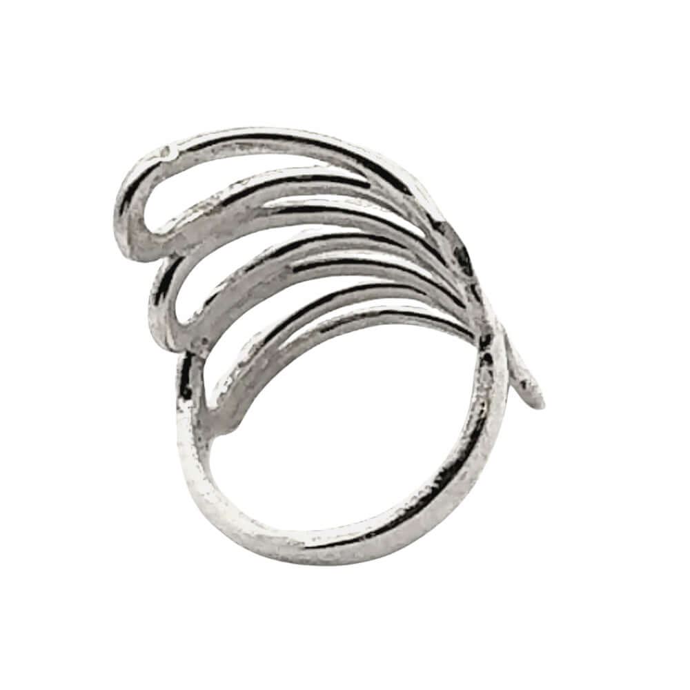 Silver ring with a unique design on a white background