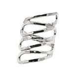 Silver ring with a modern design on a white background