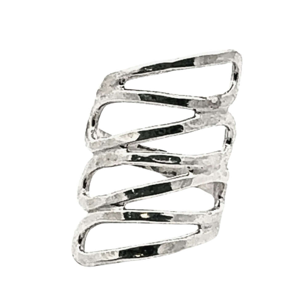 Silver ring with a modern design on a white background