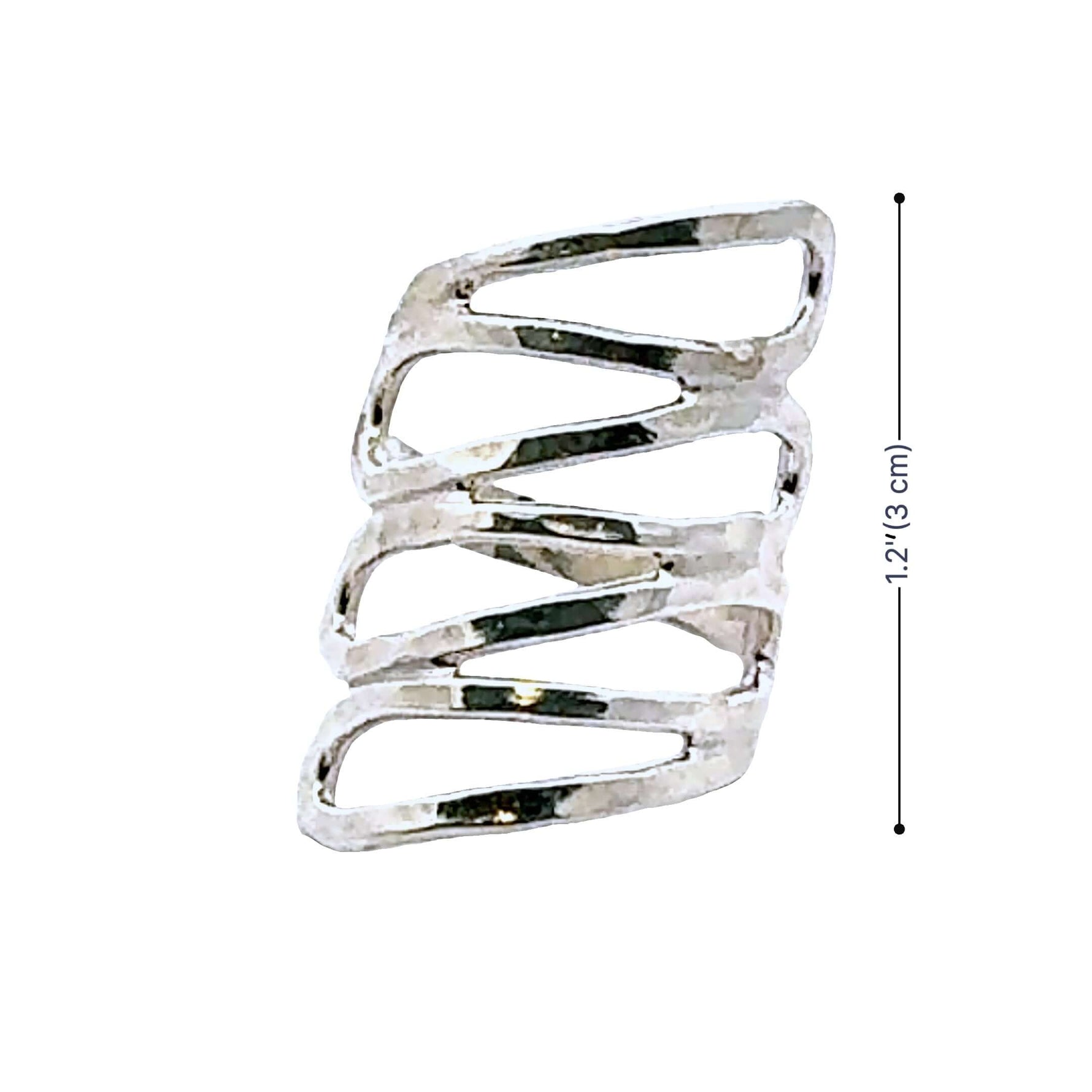 Silver spiral ring with dimensions on a white background