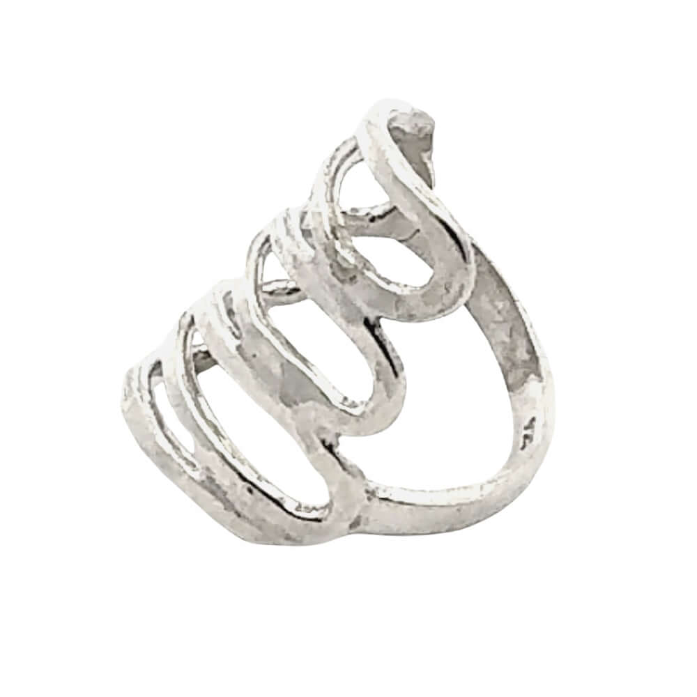 Silver ring with a unique design on a white background