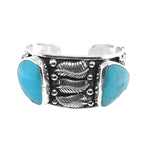 Navajo-Inspired-Blue-Turquoise-Leaves-Silver-Cuff-Bracelet-front-Nueve-Sterling