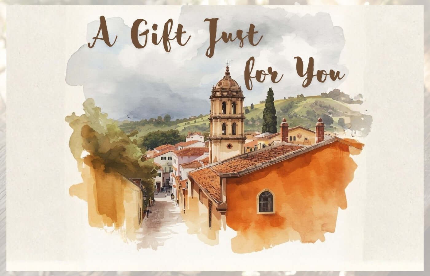 Nueve Sterling E-Gift Card: Watercolor illustration of the historic silver town of Taxco, Mexico.