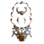 950 silver jewelry set of necklace, cuff bracelet and earrings featuring pehispanic design.