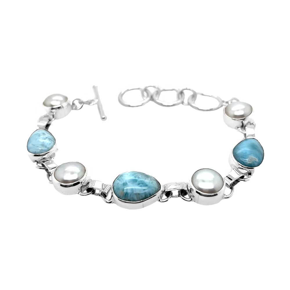 Oval Larimar and Pearl 950 Silver Bracelet